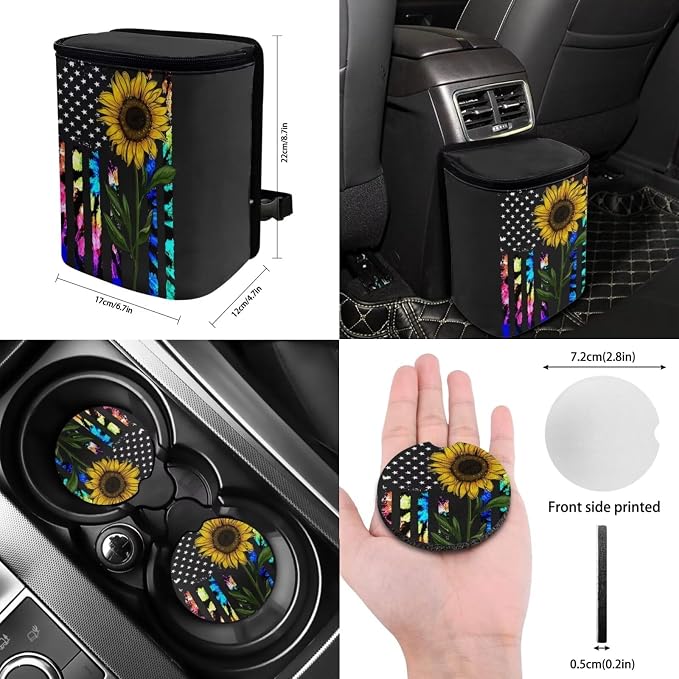 Suobstales Sunflower American Flag Tie Dye Print Car Seat Covers Set of 13 with Universal Steering Wheel Cover, Rearview Mirror Cover, Car Trash Can, Seatbelt Pads, Cup Holder Coasters, Keychains