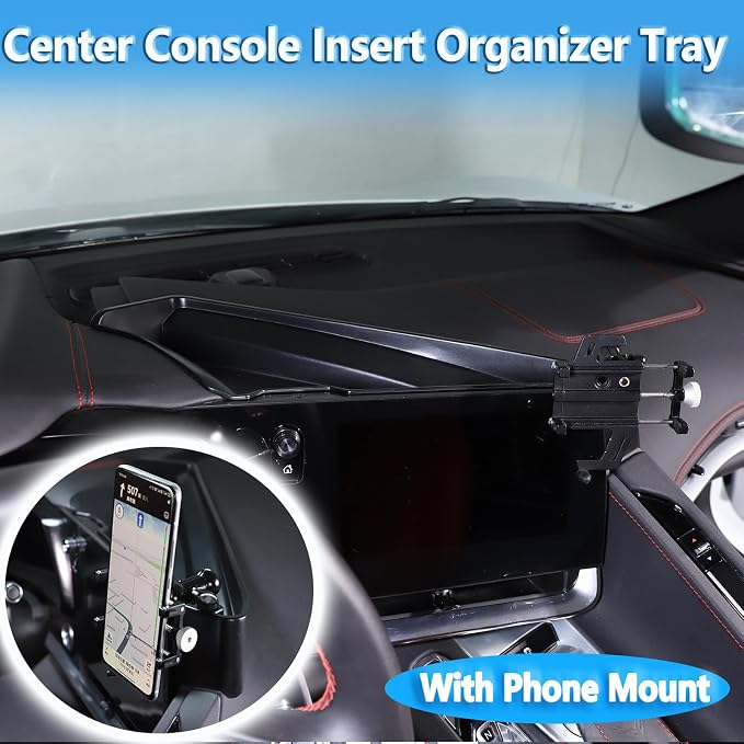 Sekhyna Navigation Screen Back Storage Box Compatible Chevrolet Corvette C8 2020-2025,Dash Organizer Tray,Center Console Phone Insert Auxiliary Storage Tray Interior Accessories (with Phone Mount C)