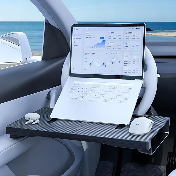 2-in-1 Car Steering Wheel Desk & Seat Gap Filler-Foldable Carbon Fiber Table for Laptop,Eating,Writing-Universal Fit Standard Round Steering Wheels