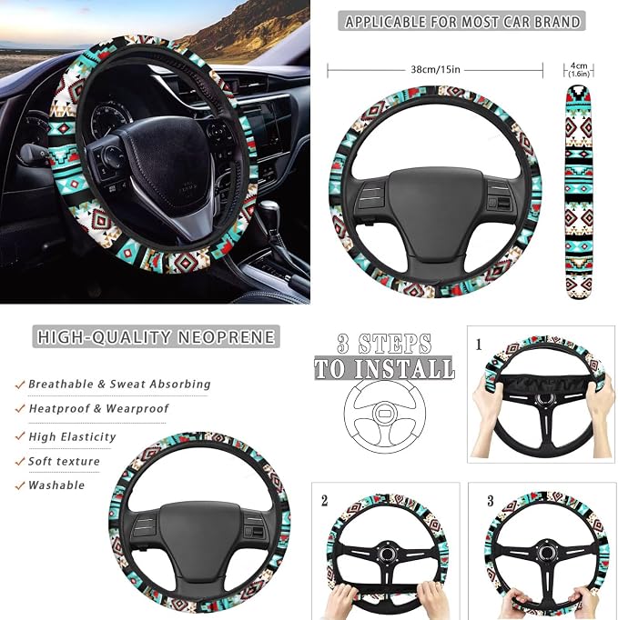 Howilath Universal Fit Aztec African Tribal Car Seat Cushion Cover Interior Protector 13 Piece with Auto Steering Wheel Pads, Seat Belt Cushion, Keychains, Cup Mat, Easy to Install