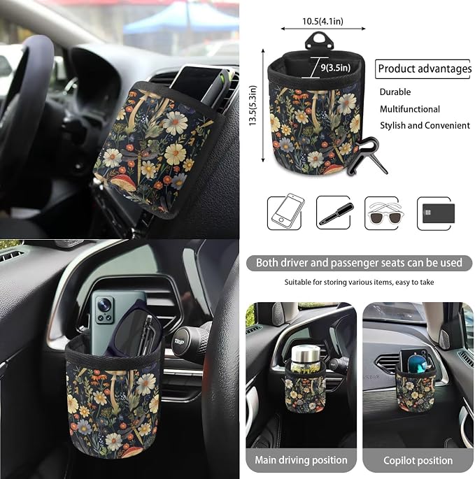 Dragonfly Mushroom Daisy 15Pcs Car Seat Cover Sets Car Steering Wheel Cover Seat Belt Cover Trash Bin Air Vent Storage Box Front Rear View Mirror Car Cup Holder Keychain