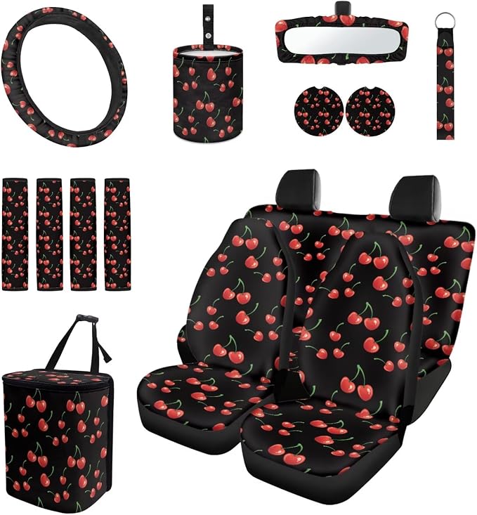 15 Pcs Cherry Car Seat Cover Full Set for Women with Car Steering Wheel Cover Seat Belt Cover Trash Bin Front Rear View Mirror Car Cup Holder Keychain