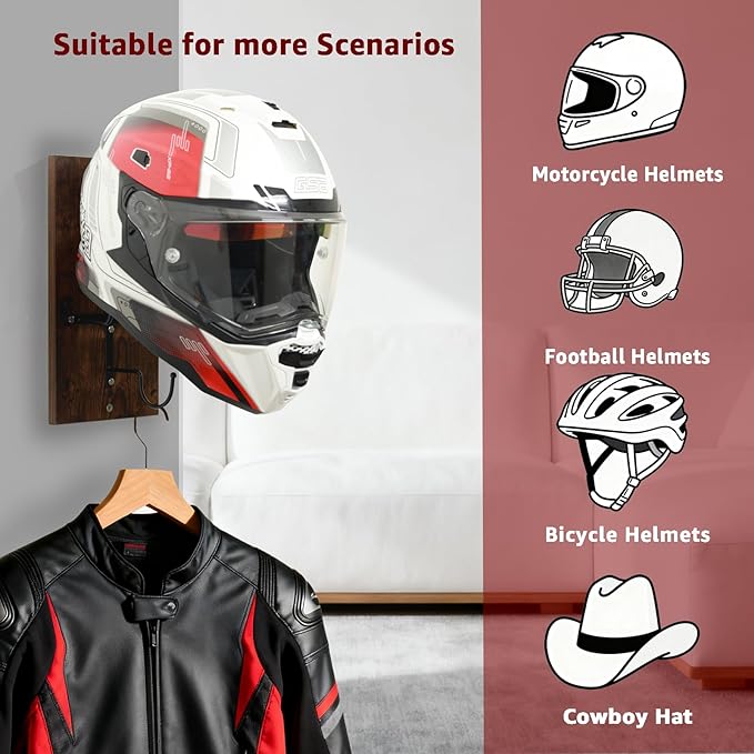 Motorcycle Helmet Holder Wall Mount, Helmet Hanger, Helmet Rack with Hook for Football Helmet, Bicycle Helmet, Hat, Cap, Sportswear and Motorcycle Accessories