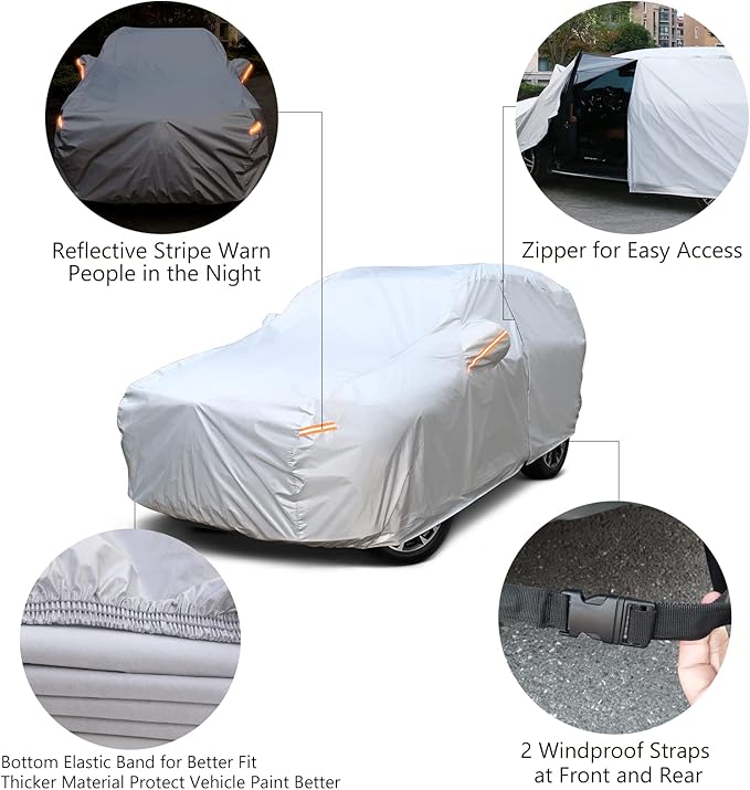 SEAZEN Car Cover 6 Layers, Waterproof SUV Car Cover with Zipper Door, Snowproof/UV Protection/Windproof, Universal Car Covers Breathable Fabric with Cotton (Length Up to 175")
