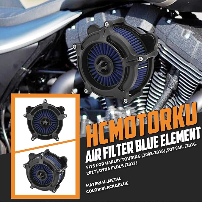 Air Cleaner Filter Aluminum Fit for Harley Touring Road King Street Glide Softail Sportster Dyna (Black Housing Blue Element, C For Touring 08-16,Softail 16-17,Trike 08-16)