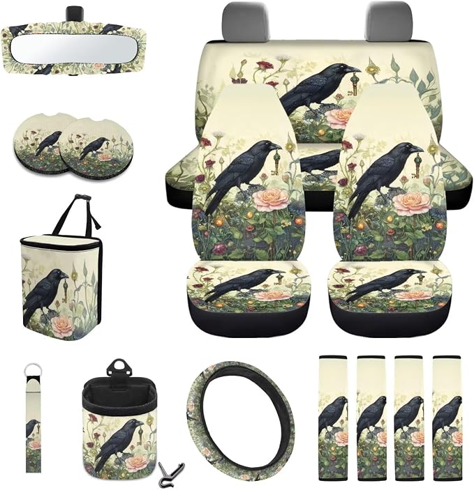 Crow Flower Print Full Set with Front Back Seats Steering Wheel Covers Rearview Mirror Cover Keychain Trash Can Auto Seat Belt Pads Air Vent Storage Bag Cup Holder Coaster for Women Men