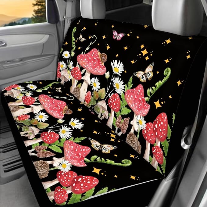 Mushroom Car Interior Accessories Set 18 Pcs Mushroom Print Car Seat Covers Full Set with Car Trash Can Car Headrest Covers Steering Wheel Cover Armrest Box Pad Handbrake Cover Universal