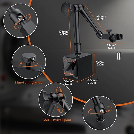 Magnetic Base Stand Holder for Dial Indicator - 176lbs/80kg Max Pull, 3 Adjustable Joints, 3/8 Inch Steel Stable Holder for Machine Tool Processing & Precision Inspection