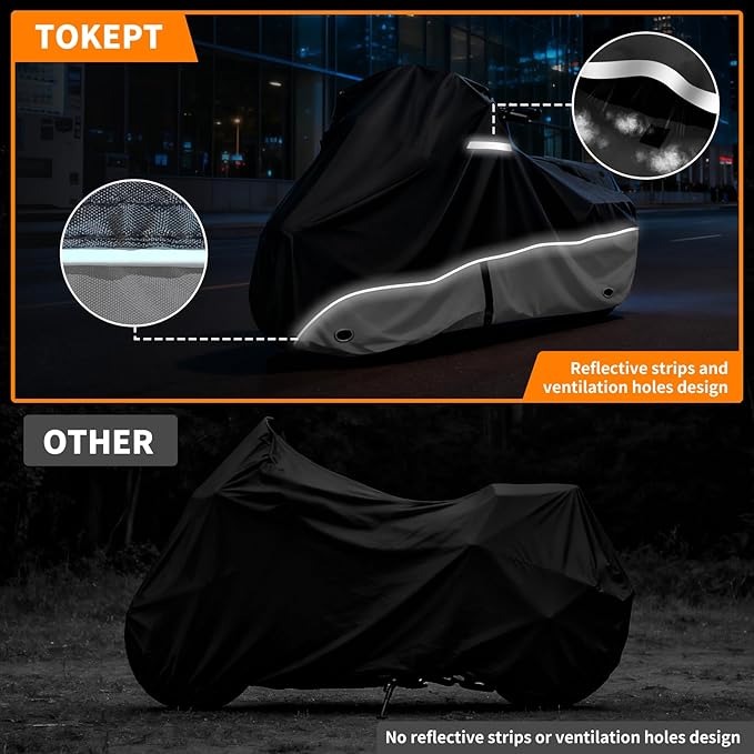 Motorcycle Cover 420D Heavy Duty All-Season Weatherproof Outdoor Protective Cover, Featuring Ventilation Holes & Night Reflective, 86" XL Vehicle Cover/Black Gray