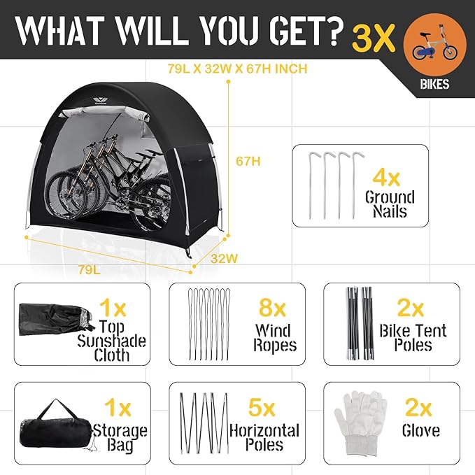 Bike Tent Outdoor Storage Shed, with Rain Cover,Waterproof Zipper,Waterproof Anti-UV 210D Oxford Fabric,Outside Bicycle Storage Shelter Fits for 2-3 Bikes,Motorcycle,Mower,Garden Tools,79"x32"x67"