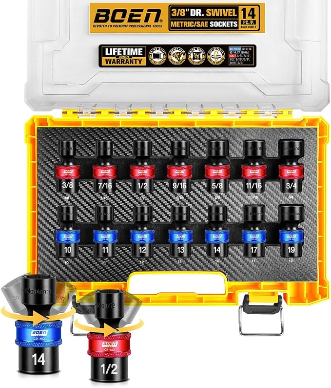 BOEN 14-Pieces 3/8 Inch Drive Impact Swivel Socket set, Metric (10-19mm) & SAE (3/8”- 3/4”) Universal Wobbly Sockets With Cr-Mo Steel, 6-Point Shallow Universal Joint Socket for Tight Spaces