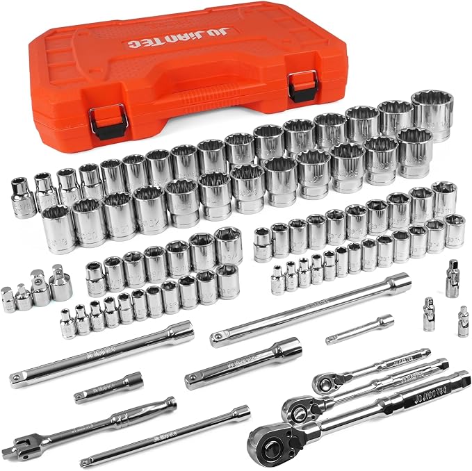 86-Piece Mechanics Tool Set, 1/4" 3/8" 1/2" Shallow Drive Socket & Ratchet Set, SAE/Metric, 90-Tooth Ratchet, Extension Bars, CR-V Steel Tool Kit with Storage Case