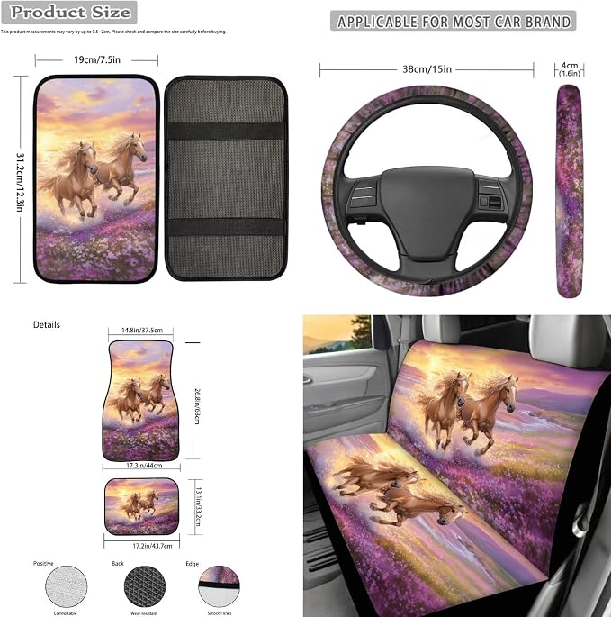 Purple Flower Horse 17 Pcs Car Accessories Seat Covers Full Set Steering Wheel Cover Floor Mats Center Console Pad Cup Holders Seat Belt Pads for Women Men Car Interior Decor