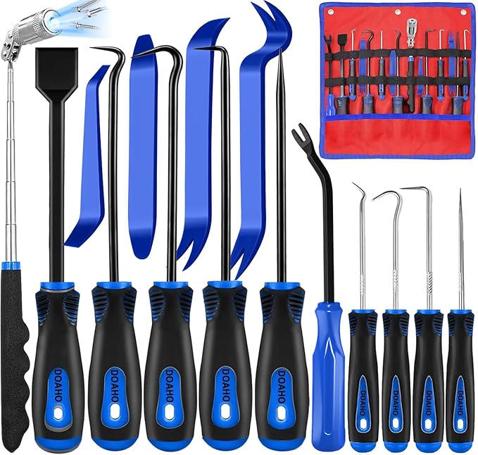 Doaho 15 Pcs Automotive Hook and Pick Tool & Trim Removal Tool Set with Scraper,Magnetic Telescoping,Plastic Pry for Auto Engine Oil Seal O-Ring Repair,Car Interior Panel and Fastener Removal