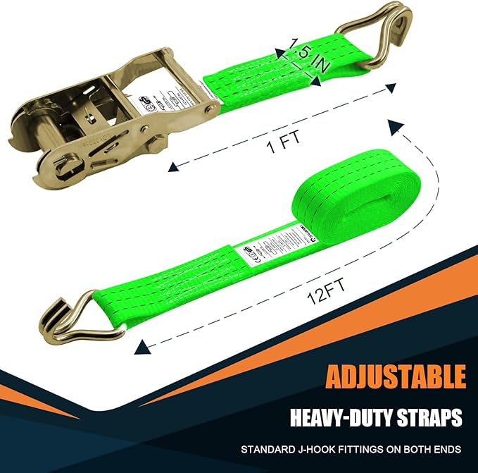 1.5 inch Ratchet Straps Heavy Duty 8 Pack 1-1/2 in x 12ft Cargo Load Tie Down Strap Double J Hook Green 2200lbs Working Load for Trucks