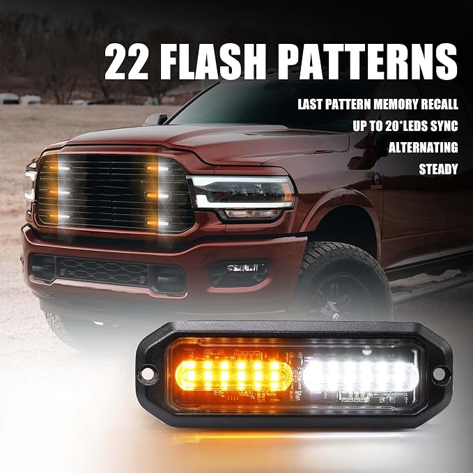WINECO Amber White led strobe lights for trucks Emergency Strobe Lights Kits for construction Vehicles LED Surface Mount Grill Grille Light Flashing Warning lights With Digital Controller 12 LED