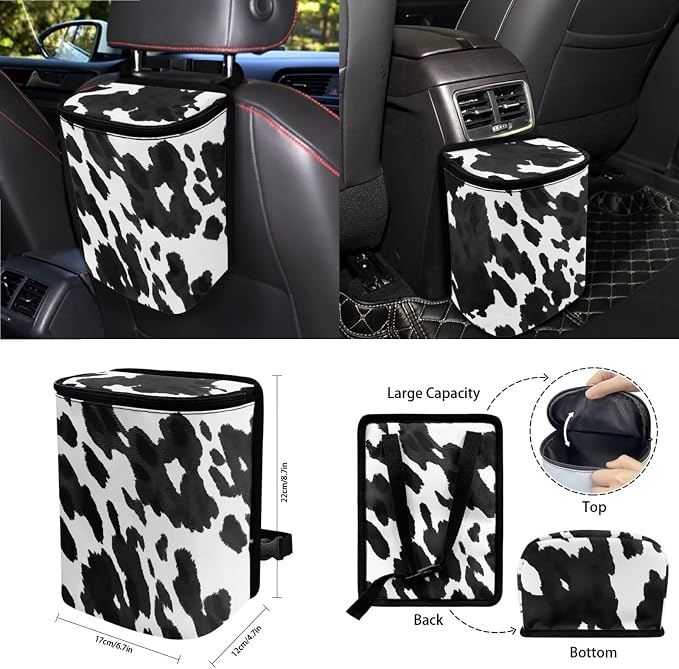 Cow Pattern Car Seat Covers Full Set Steering Wheel Cover Trash Can Air Vent Storage Bag Seatbelt Covers Rearview Mirror Cover Cup Coasters 15pcs Car Interior