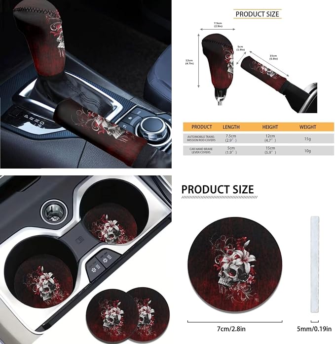 AFPANQZ Skull Red Rose Car Seat Covers 11 Pcs Interior Accessories Protector Hand Brake and Gear Shift Knob Cover, Seat Belt Pads, Steering Wheel Cover Universal Fit Car Truck SUV