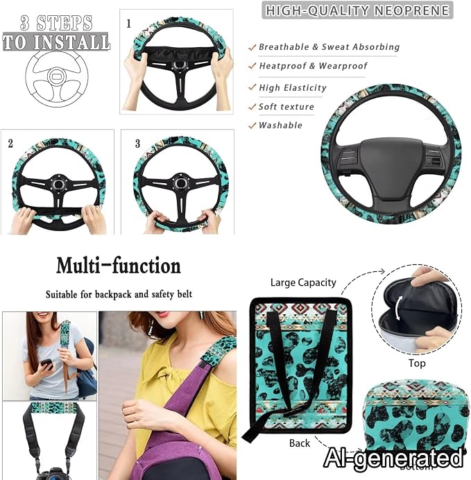 Dreaweet Aztec Cow Print Seat Covers for Cars Full Set Turquoise Front and Back Seat Covers with Steering Wheel Cover Seat Belt Pads Coasters Trash Bag Air Vent Pouch Rear View Mirror Cover Keychain