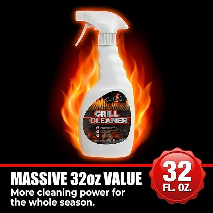 Evo Dyne Grill Cleaner Spray (32 oz), Made in USA - Quickly Cleans BBQ Burnt-on Foods and Grease from Grill Grates - Heavy Duty, Fast-Acting Formula, Less Scrubbing - Food Safe Grill & Oven Degreaser