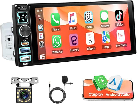 6.8" CarPlay & Android Auto Single Din Car Stereo HD Touch Screen FM Audio Receiver with Bluetooth Handsfree Mirror Link Voice Control Backup Camera/Steering Wheel Control/USB/TF/AUX/MIC