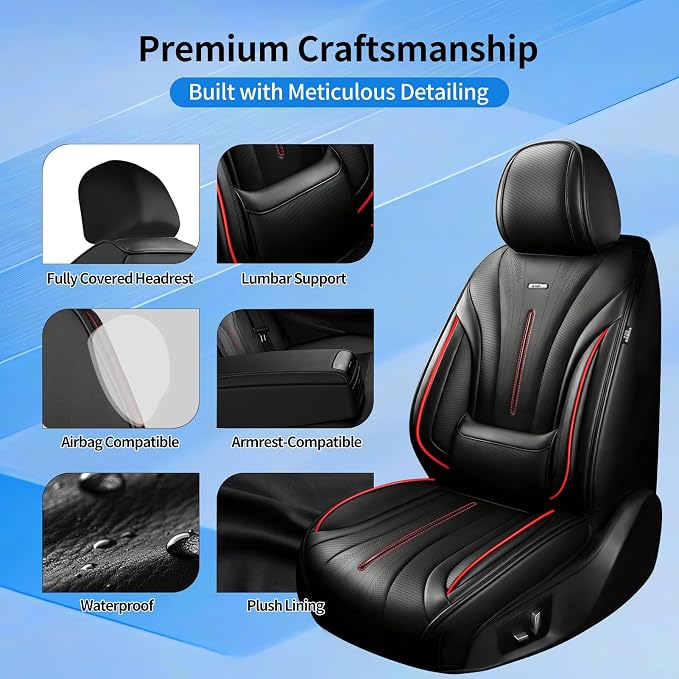 Fit Encore GX Car Seat Covers for Select Buick Encore GX 2020-2026 - Full Coverage Leather, Airbag Compatible, Waterproof & All Weather Seat Cushion Protector, Full Set, Black with Red Trim
