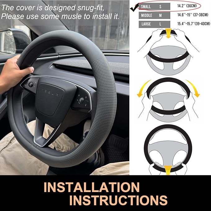 PINCTROT Nappa Leather Steering Wheel Cover for Tesla Model Y/3 Highland/Juniper, D Shaped 14 Inch Small Sized with Breathable Perforation, Fit Like Gloves, Flat Bottom 14 Inch(Nappa Dark Gray)