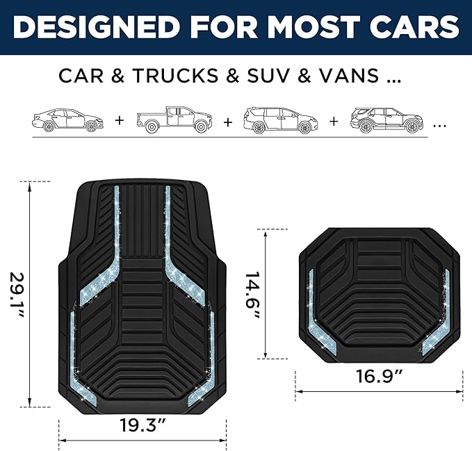 PIC AUTO Car Floor Mats, Light Blue Sparkly Crystal Bling Glitter Car Mats Set, Front and Rear Heavy Duty Rubber Car Mats with Anti-Slip Backing, All Weather, Trim-to-Fit for SUVs, Trucks, Sedan, Vans