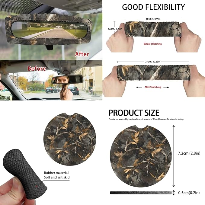 Camo Maple Leaf Car Seat Covers Front Rear Full Set with Steering Wheel Rearview Mirror Cover Seat Belt Pads Coasters Trash Bin Coasters Key Ring, 15 PCS