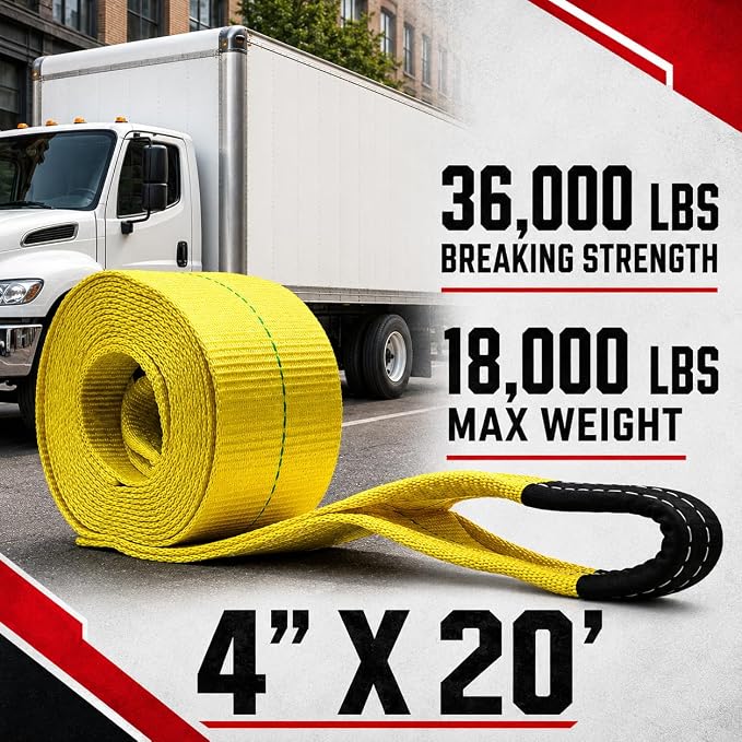 BoxerTool BXT Recovery Tow Straps 4" X 20' - Heavy Duty Reinforced Loops Emergency Off Road Towing Rope and Winch Extension - Box Truck - Commercial Vehicle - Off Road