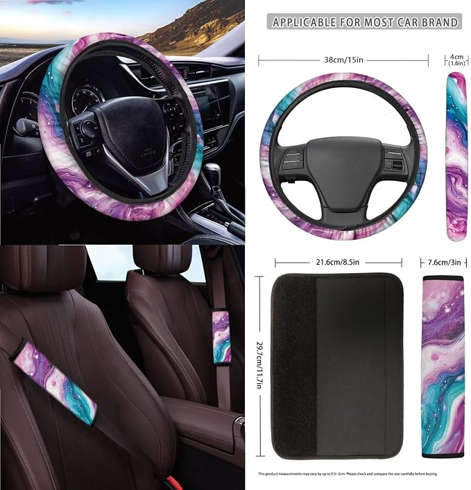 Marble Pattern 15 Pieces Car Seat Cover Steering Wheel Cover, Seat Belt Strap Wrap Cover Car Trash Can Cup Holders Keychain Air Vent Bag for Truck Vans Sedans