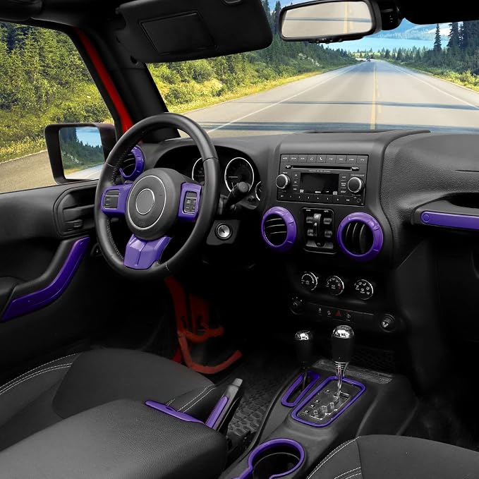 CheroCar 18PCS Interior Trim Kit for Jeep Wrangler JK JKU 2011-2018 4 Door,Steering Button Frame, Air Conditioning Vent Trim Cup Holder Cover,Gear Shift Knobs Frame,Purple…