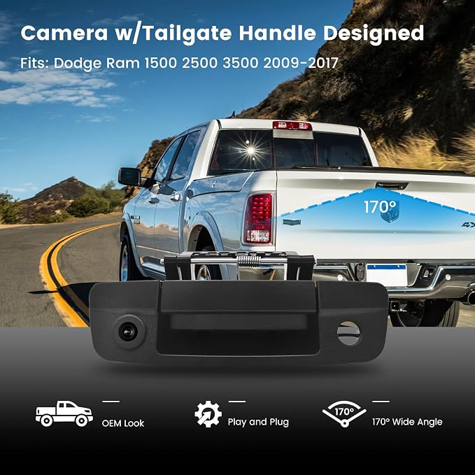Dasaita Tailgate Handle Reverse Camera, Fit for Dodge Ram 1500 2500 3500 2009-2017 OEM Replacement, AHD 1080P Rear View Camera Backup Camera with Wiring Harness, 170° Wide Angle, IP68 Waterproof