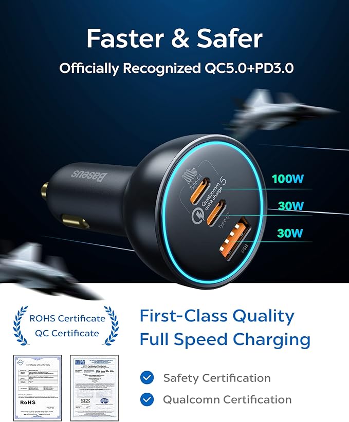 Baseus 160W USB C Car Charger Ultra-Mini Retractable Car Charger 60W USB C &