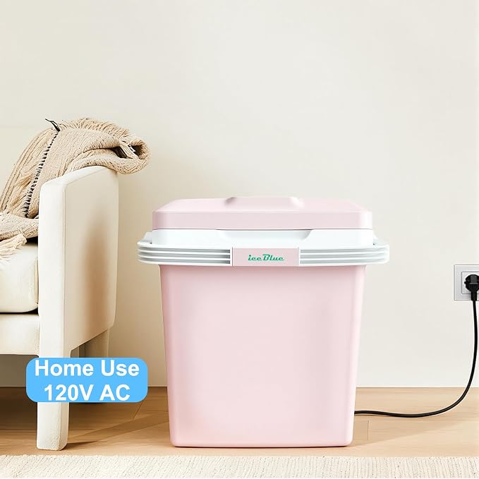 Iceblue Electric Cooler, 26 Liters/28 Cans Mini Fridge with Automatic Locking Handle, 120V AC Home Power Cord & 12V Car Adapter Car Refrigerator, Car Fridge for Home, Car, Gift - Pink