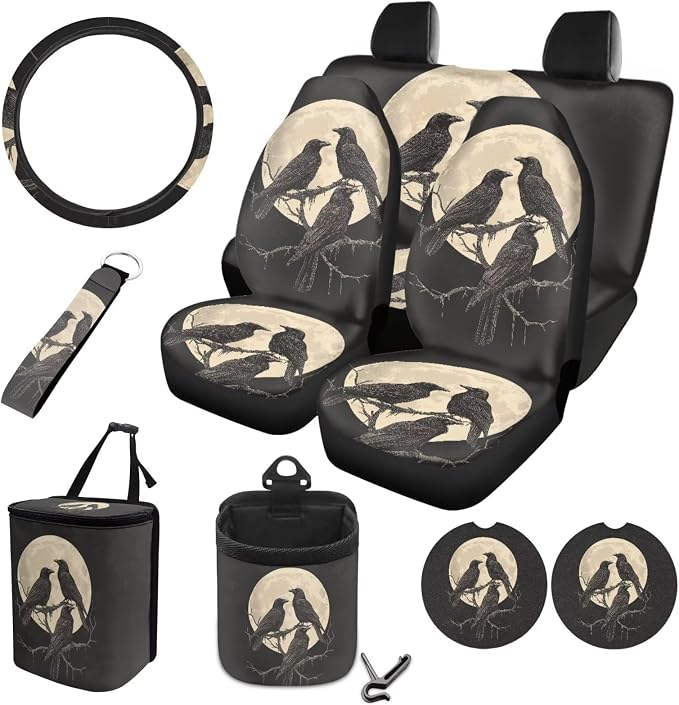 Raven Moon Pattern 10 Pcs Car Accessories Sets Breathable Front Rear Seat Covers Car Air Vent Storage Bag Auto Garbage Can Steering Wheel Cover Coaster Keychain