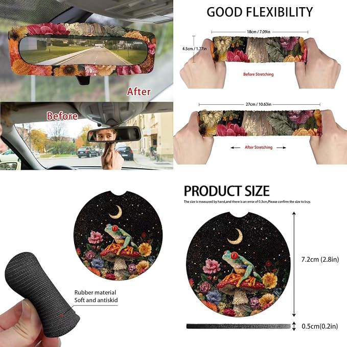 Moon Mushroom Frog 15Pcs Car Seat Cover Full Set Car Steering Wheel Cover Seat Belt Cover Trash Bin Front Rear View Mirror Car Cup Holder Keychain