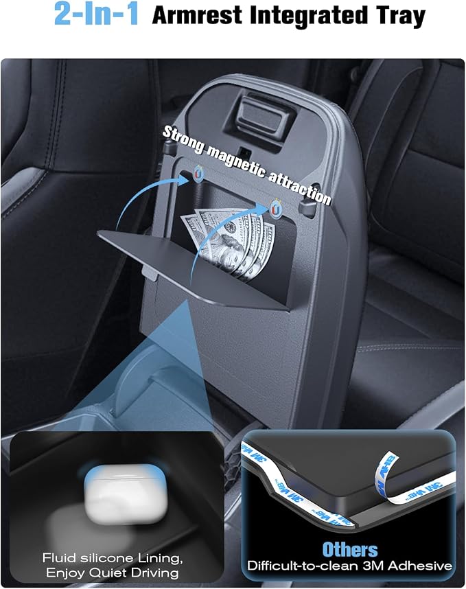 for 2024~2026 Chevy Traverse/GMC Acadia 2-in-1 Silicone Center Console Armrest Cover& Armrest Hidden Privacy Tray - [OEM Design& Friendly Liquid Silicone Rubber] - Thin Black