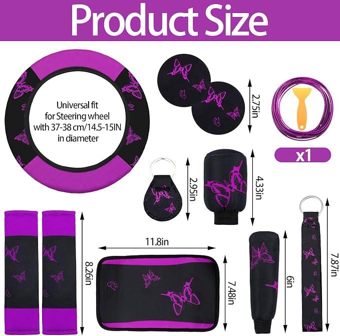 BBTO 47 Pcs Car Seat Full Set Car Accessories for Women 5 Front Rear Seat Covers Wrist Strap 2 Pieces Cup Mat Armrest Pad 2 Belt Cover Accessories for SUV(Purple Black)