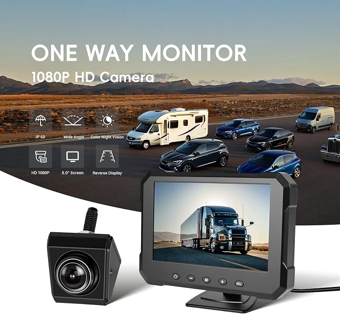 Backup Camera AHD 1080P, 5" Customizable Reverse Guidelines(H/V/W), Night Vision 360 Adjustable IP68 Waterproof Rear View Camera for Truck Pickup RV Camper 5th Wheel Boat Horse Trailer Cars 12-24V