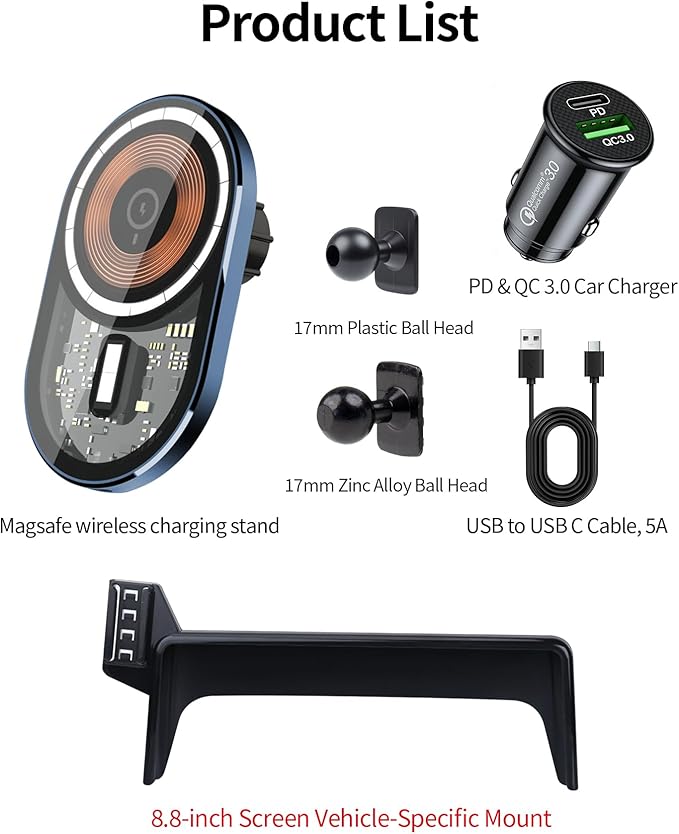 Wireless Charging Car Phone Holder for BMW 3 Series 2012-2018/4 Series 2014-2020/2 Series 2014-2021, 8.8" Screen Fixed Clip, 360° Rotation Car Phone Mount Compatible with MagSafe