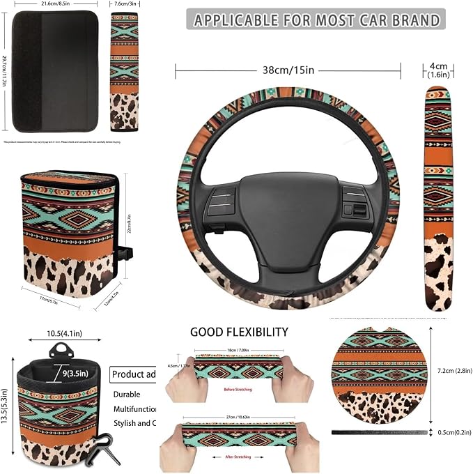 XYZCANDO Tribal Auto Interior Sets 15 PCS Car Seat Cover Set Steering Wheel Cover Seat Car Rear View Mirror Cover Belt Pads Cover Garbage Bag Storage Box Coasters Keychain for Sedans Van SUV