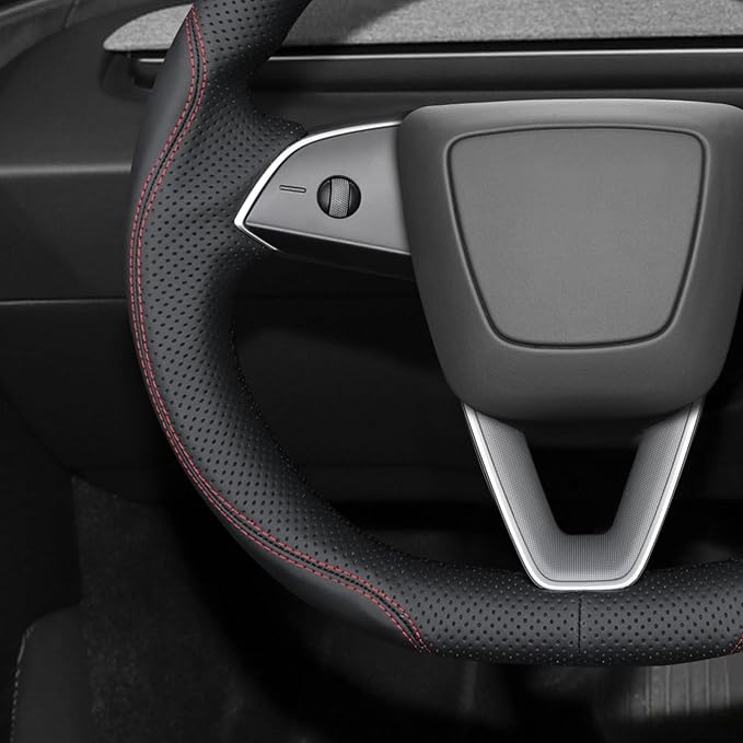 MEWANT Hand Stitch Black Faux Leather Steering Wheel Cover for Tesla Model 3 Highland Model Juniper DIY Steering Wrap