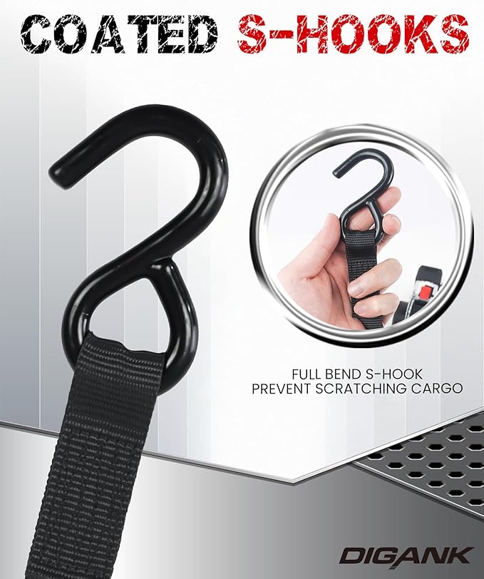 1" x 6' Retractable Ratchet Straps, 1600 lbs Break Strength, Heavy Duty 4 Pack, Self Retracting Tie Downs with S Hooks, DOT Approved for Durable Strapping for Trailers, Trucks, Boats, and Cargo