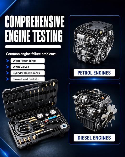 47PCS Compression and Leakage Tester Kit for Diesel & Petrol, Dual Gauge Compression & Leak Down Test, 0-700 PSI / 0-50 Bar, Compression Cylinder Leakdown Test Kit for HDI, TDCi, Pumpe Duse