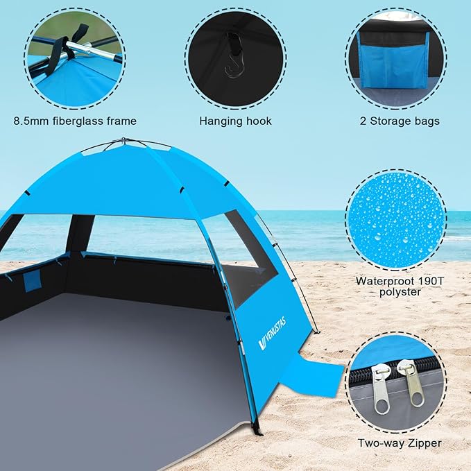 Venustas Beach Tent Sun Shelter for 3/4/6/8 Person, UPF 50+ UV Protection Beach Canopy, Lightweight and Easy Setup Cabana, Portable Shade Tent