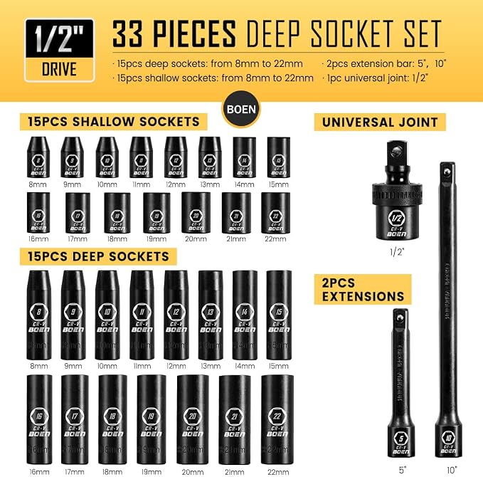 BOEN 38 Piece Impact Socket Set and Adapter Set, Standard SAE, 1/4", 3/8", 1/2" Impact Driver Conversions, Deep & Shallow Metric Socket Set 8mm to 22mm, Includes 5", 10" Extension Bars, Universal Join