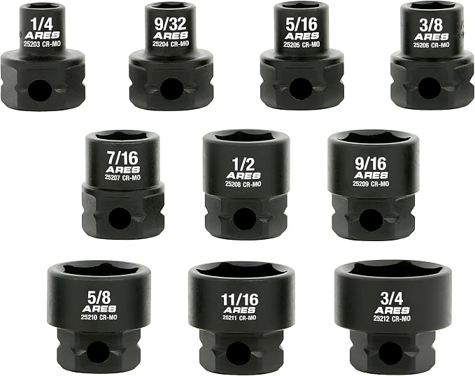ARES 29019 – 10-Piece 3/8-Inch Drive SAE Low Profile Nano Impact Socket Set – Impact Grade Sockets Offer Greater Clearance Than Typical Shallow Sockets – Includes Aluminum Storage Rail