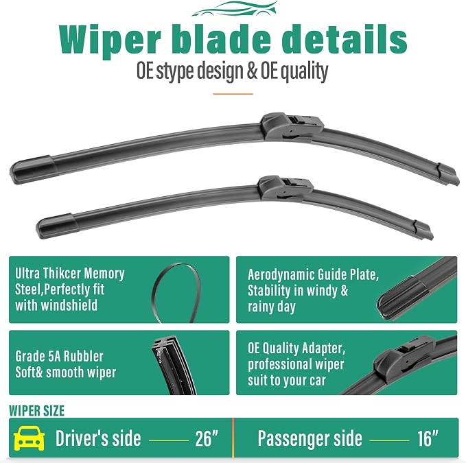 26" 16" 11" Windshield Wiper Blades Replacement for Chevrolet Chevy Trax 2024 2025 2026 Premium All Weather Front Rear Wipers Set - OEM Quality (Pack of 3)