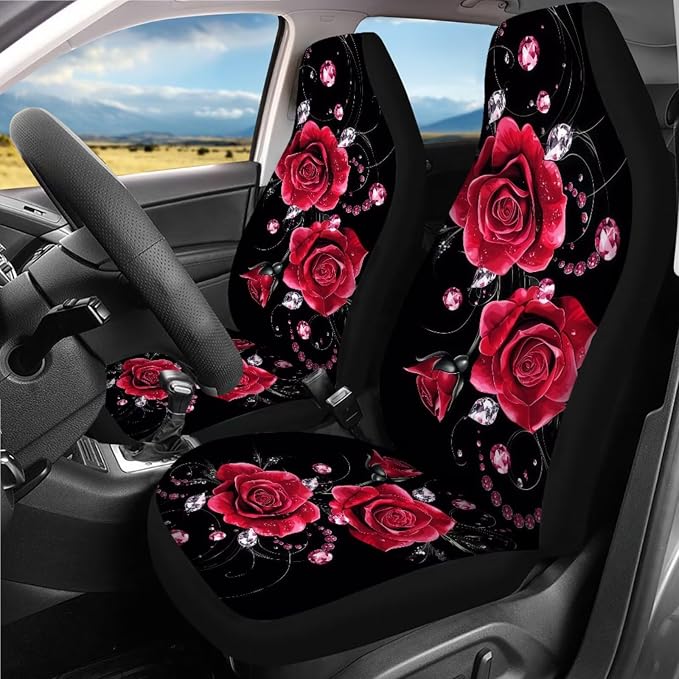 18 Pieces Car Seat Covers Full Sets Red Rose Car Accessories Set with Red Rose Steering Wheel Cover Auto Trash Can for Women Car Headrest Covers Belt Pads Cover Romantic Auto Armrest Pad